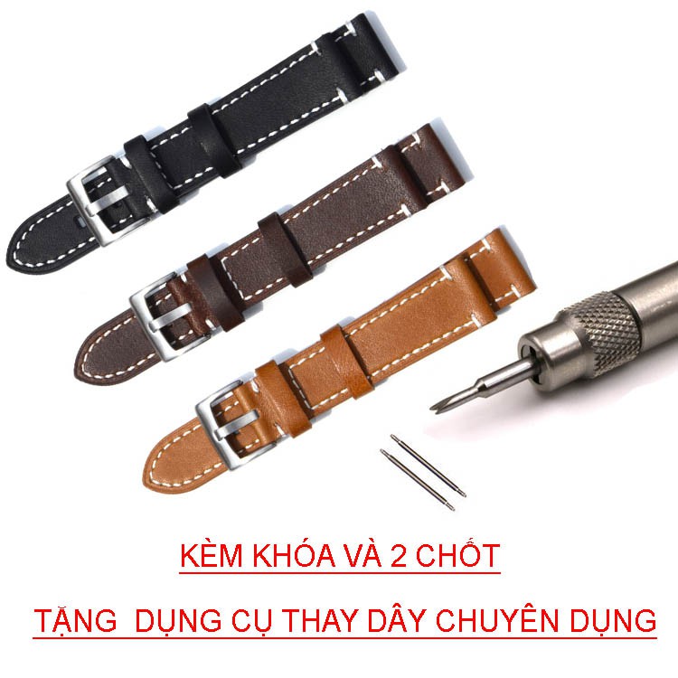 Dây da đồng hồ da bò thật V40 ( 3 màu) Size 18 - 20 - 22mm kèm khóa đồng hồ (Thép 316L) và tool thay dây