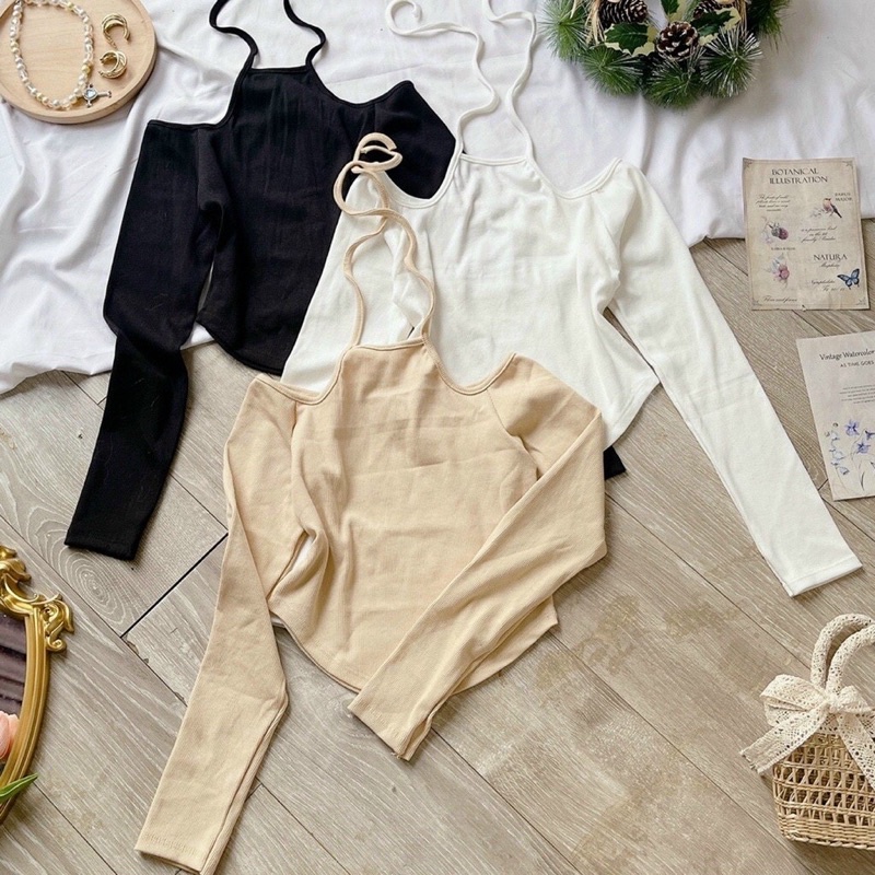 ÁO CROPTOP NỮ VẠT BẦU TAY DÀI CỔ YẾM HỞ VAI BODY ÔM CHIZISHOP - Mã ATD101