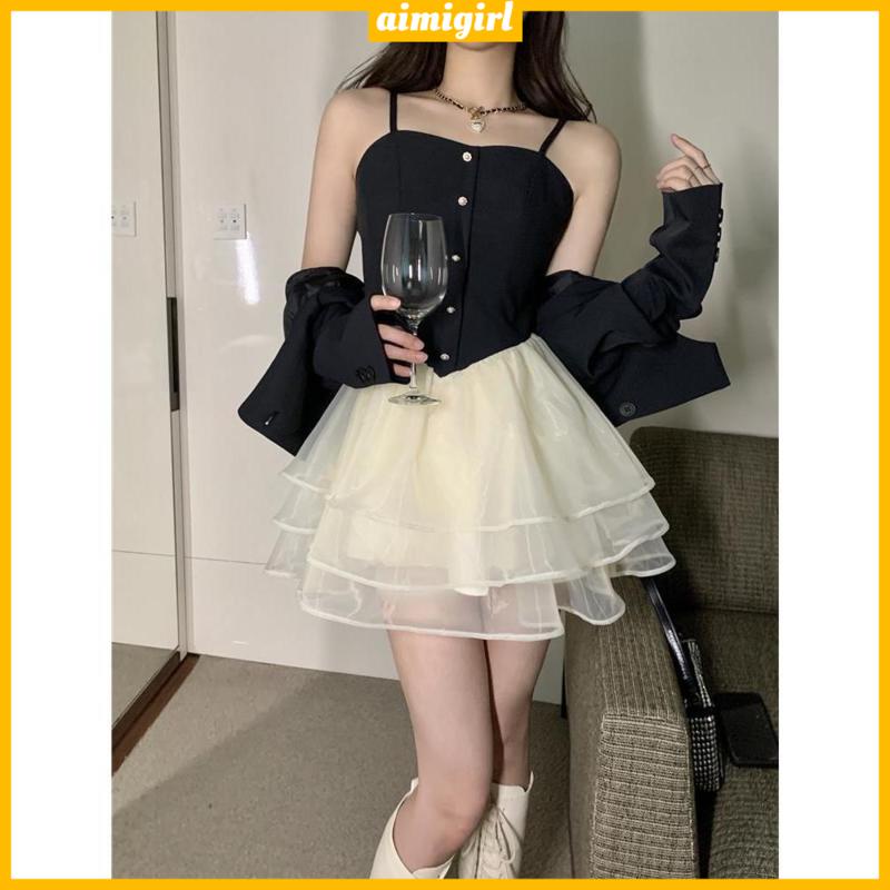 Set Đầm Tutu Công Chúa Phối Lưới + Áo Khoác Thắt Nơ Eo Phong Cách Pháp Thời Trang Cho Nữ