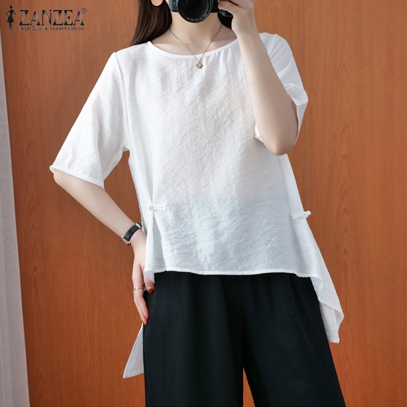 Zanzea Áo Thun Tay Ngắn Cổ Tròn Vạt Lệch Cá Tính Cho Nữ