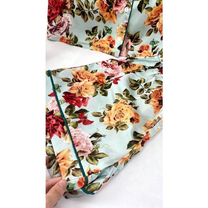 Bộ đồ mặc nhà nữ Pijama lụa satin JAPAN SILK, áo cộc quần đùi họa tiết hoa hồng màu sắc rực rỡ, nổi bật BC066