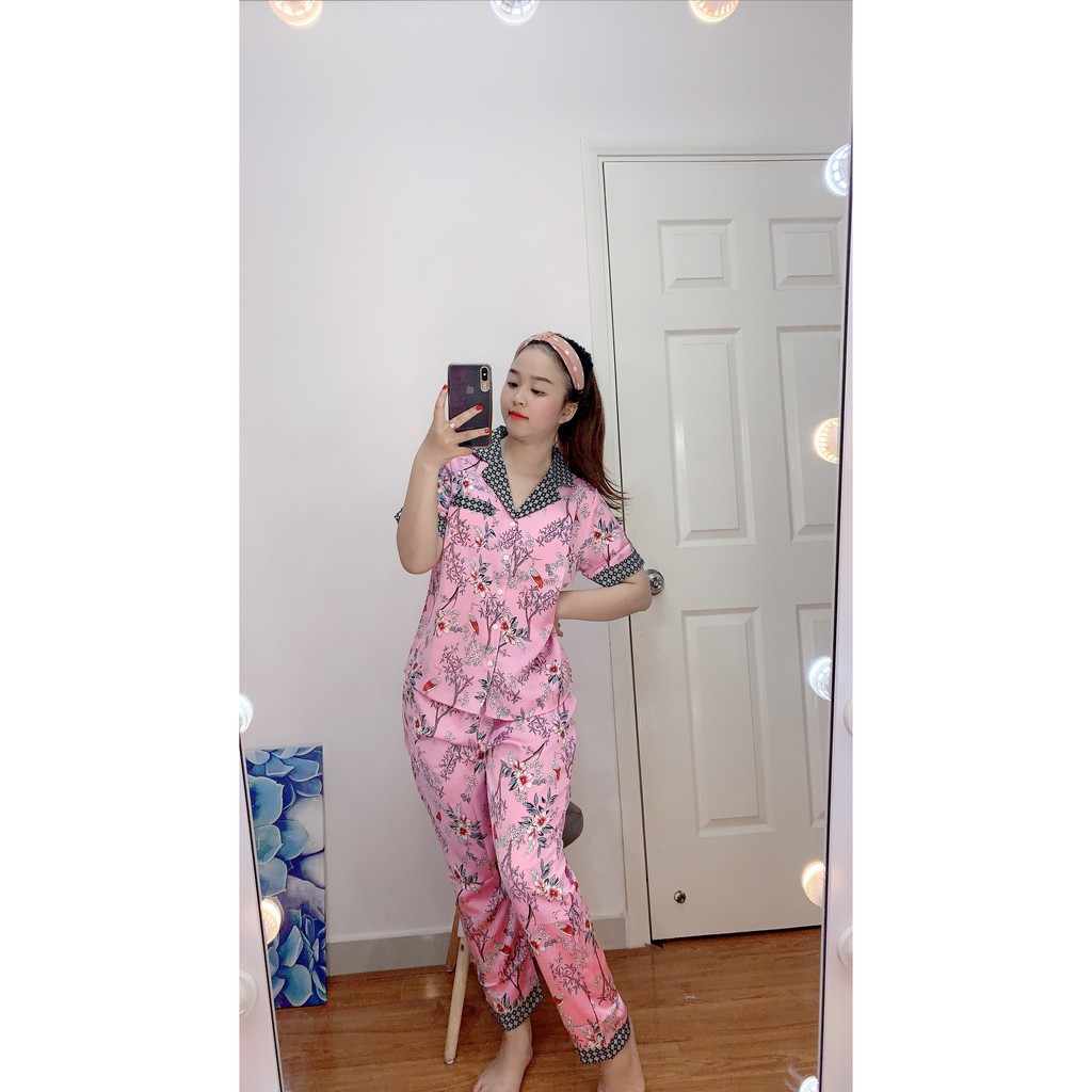 Đồ Bộ Pijama Satin Tay Ngắn Quần Dài In Hình Dễ Thương Form Dưới 60KG P2 NoBrand