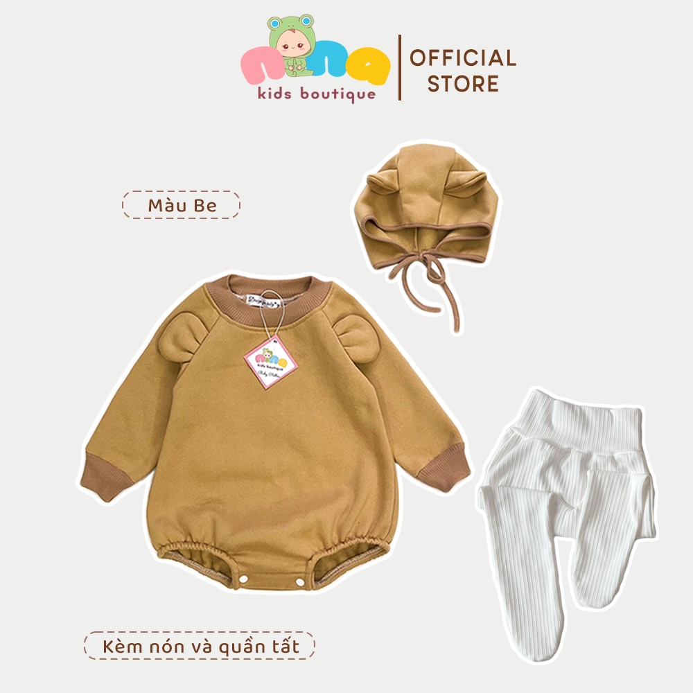 Body nỉ bông thu đông cho bé Nina Kids Boutique Bộ body liền thân Kèm mũ và quần tất Size 0m 24m