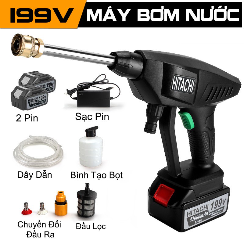 Máy Rửa Xe Dùng Pin Hitachi 199V – Công suất 1400W – Máy Bơm Nước Đa Năng – Rửa Xe, Tưới Cây