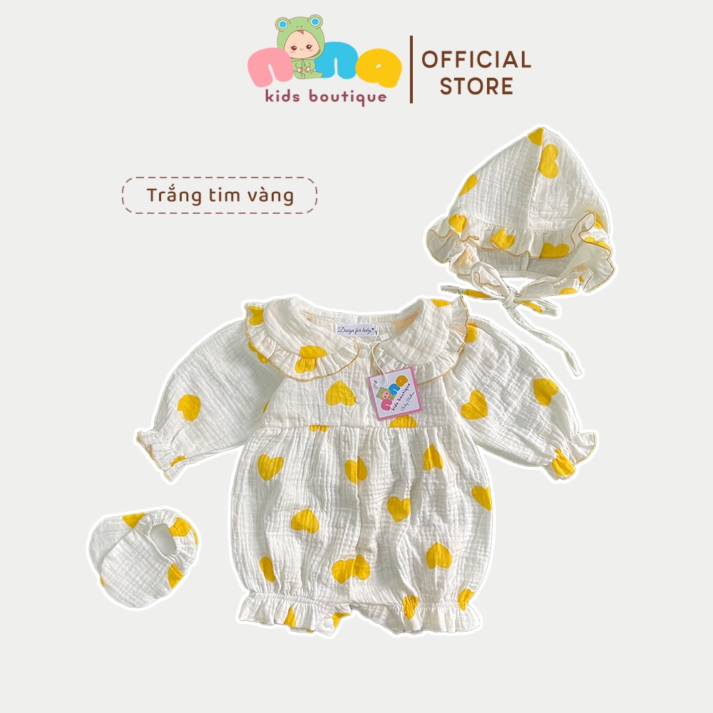 Bộ áo liền quần cho bé sơ sinh Nina Kids Boutique Body đùi bé gái dài tay Size 0m 24m Chất xô muslin - màu hồng tim vàng