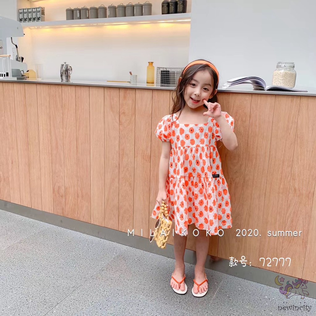 Đầm Tay Phồng Họa Tiết Hoa Cúc Xinh Xắn Cho Bé Gái