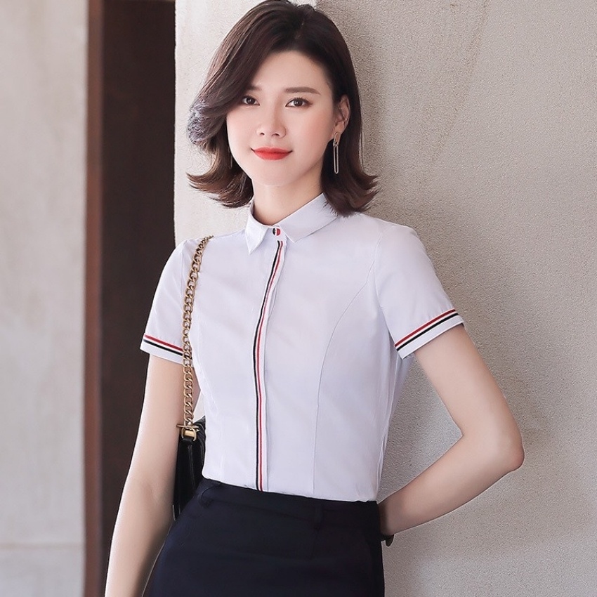 Áo sơ mi nữ ngắn tay kiểu đẹp phối họa tiết viền màu đỏ đen dọc cúc  thời trang PONIVA phong cách Hàn Quốc thanh lịch