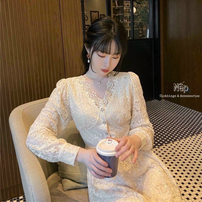 Đầm Ren Thiết Kế Hai Lớp Dáng Dài , Váy Ren Thiết Kế Cổ V Dài Tay Phong Cách Vintage | BigBuy360 - bigbuy360.vn