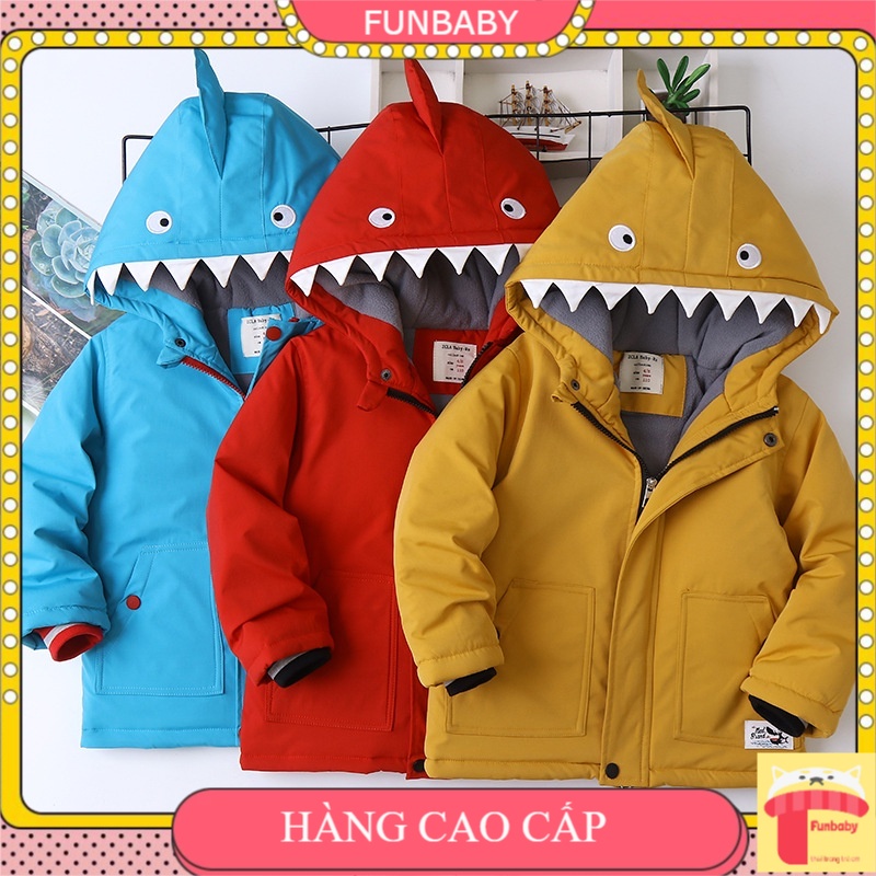 Áo khoác cho bé trai 3-12 tuổi hình cá Mập bên trong lót lông, Áo Parka trẻ em nam kiểu dáng thời trang