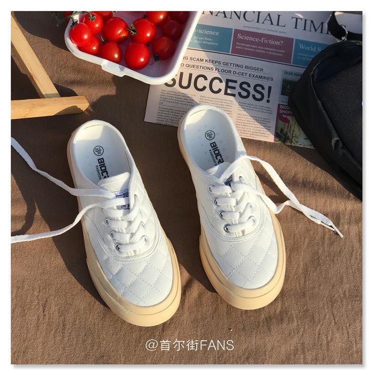 Niche design thick-soled height-enhancing shoes half-drag canvas shoes women 2021 new heelless breathable white shoes summer