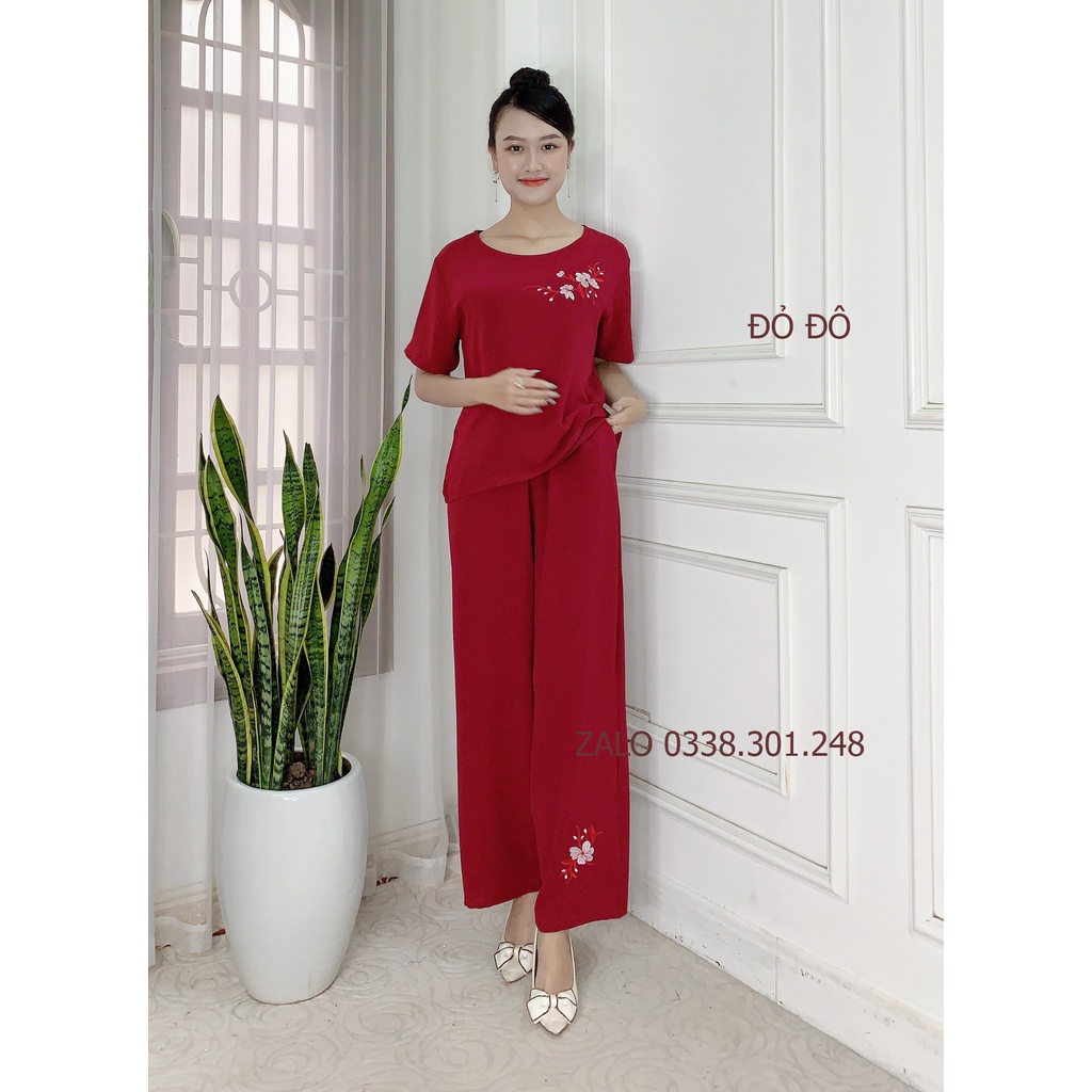 Bộ Đũi thêu hoa Trung niên cho bà cho mẹ Tay cộc Quần dài