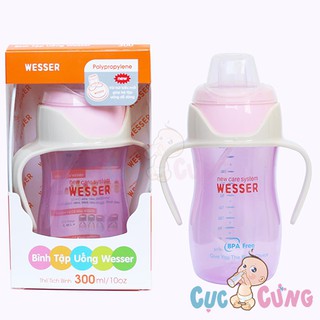 Bình tập uống nước Wesser 300ml nhựa PP có tay cầm, ống hút (Hồng)