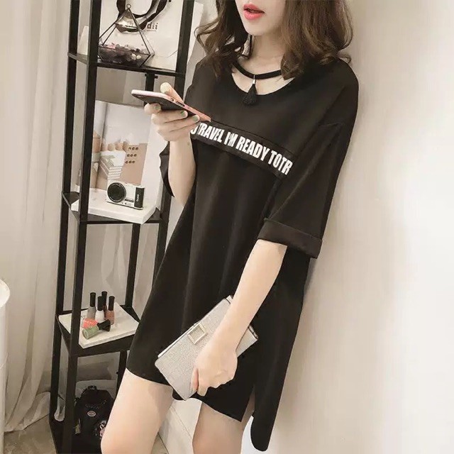 (Order) bigsize Áo phông tay gập, cổ chocker tua rua dáng dấu quần hè 2019