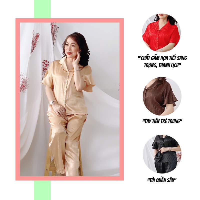 Đồ bộ trung niên SBORG bộ lụa gấm họa tiết cao cấp áo tay bèo quần dài có túi freesize dưới 55kg quà tặng mẹ