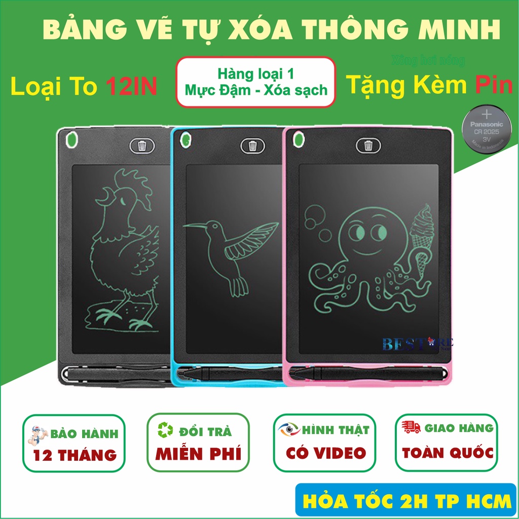 Bảng vẽ điện tử tự xóa thông minh cho bé màn hình LCD loại to 12 inch mực viết đa màu