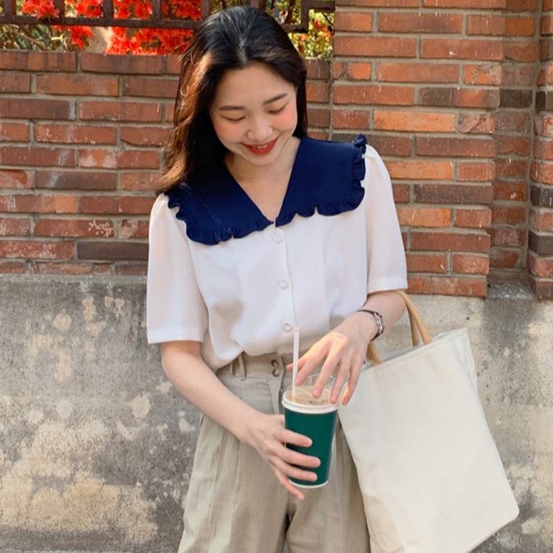 Áo Sơ Mi Tay Ngắn Cổ Búp Bê Màu Sắc Đối Lập Phong Cách Hàn Quốc Thời Trang Cho Nữ
