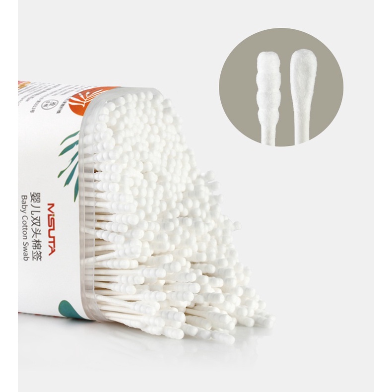 Tăm bông cho bé sơ sinh cao cấp làm từ bông tự nhiên hộp 400 que Misuta, hộp V-coool 200 que