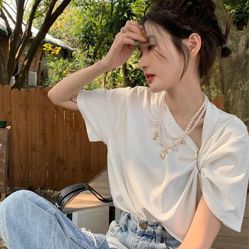 B&amp;G Áo Thun NgắN Tay DáNg RộNg ĐíNh NúT Kim LoạI 2022 Áo phông Nữ JL-TX-163