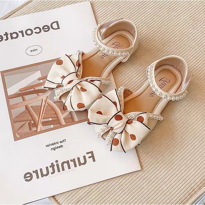 Giày búp bê cho bé gái - Giày bệt phối Nơ lớn Chấm bi dễ thương quai dán đính ngọc chống trơn trượt cho bé mẫu mới M669