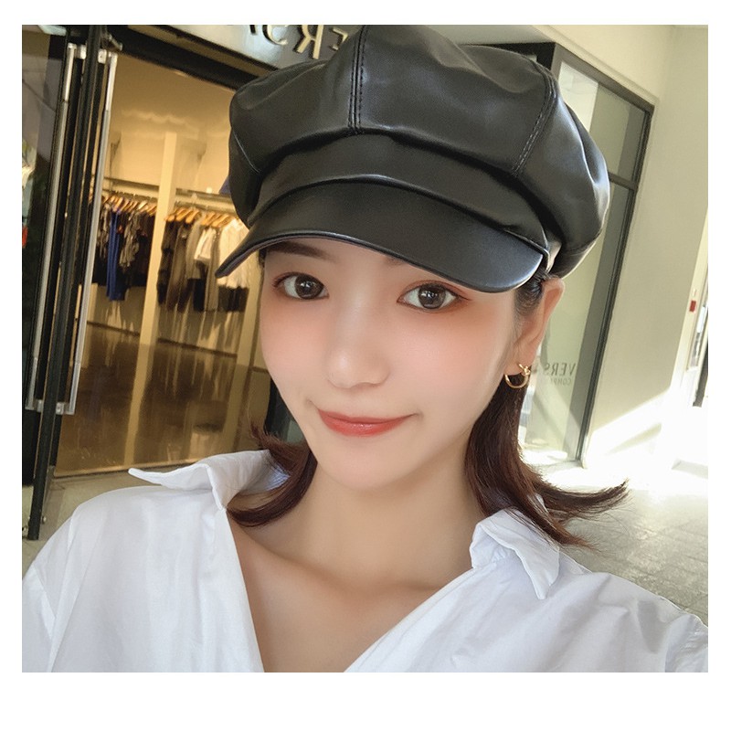 Mũ nồi da Baker Boy Nón beret da PU Bóng Cá tính Ulzzang Hàn Quốc Thủy thủ Thời trang