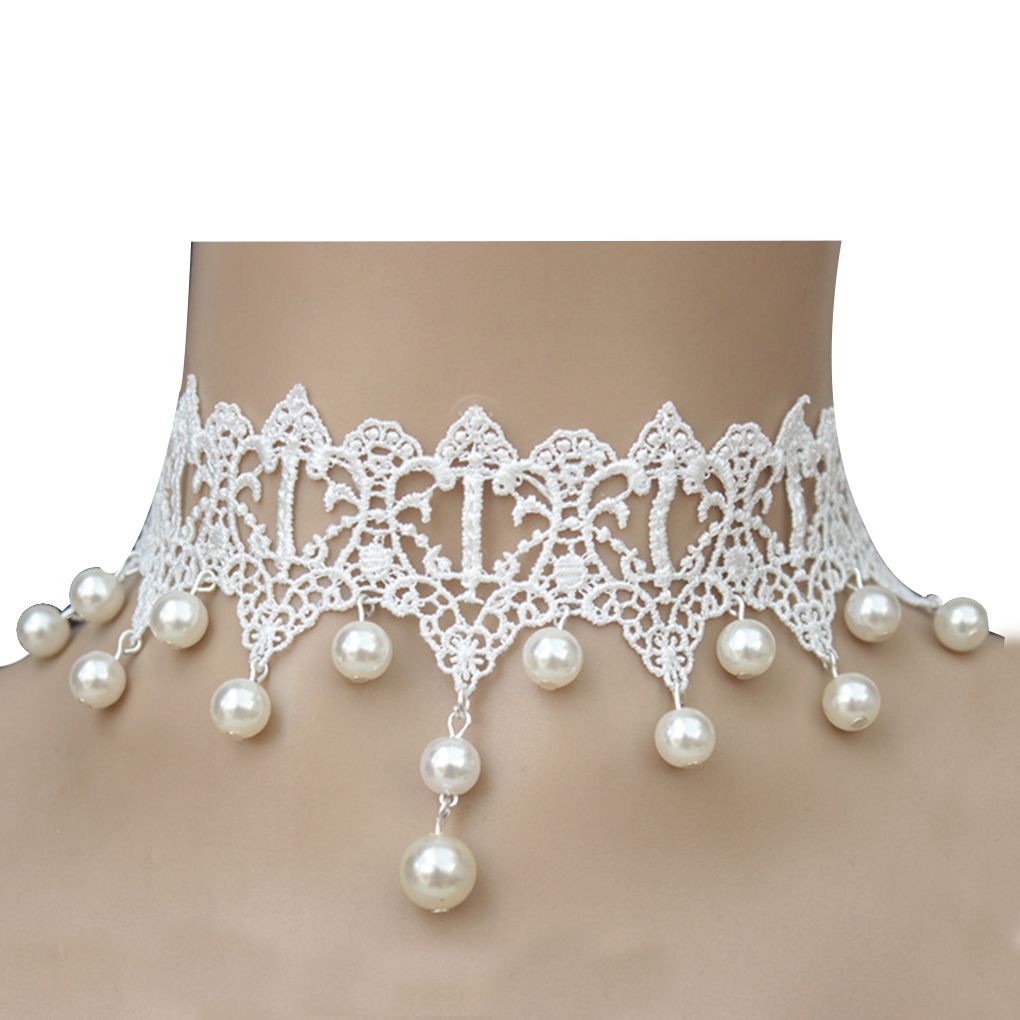 Vòng Cổ Ren Đính Hạt Giả Ngọc Trai Phong Cách Gothic