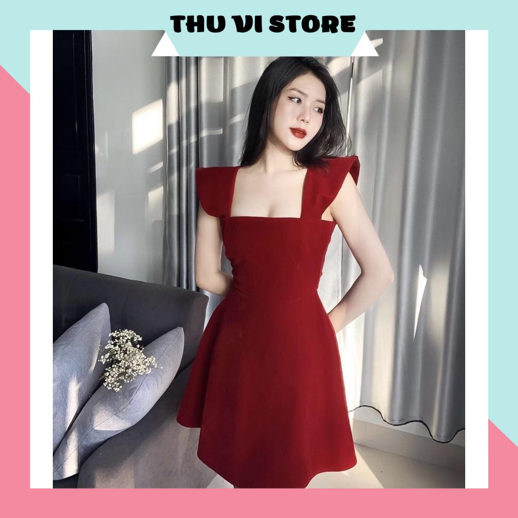 Váy Xòe Nữ, Đầm 2s Cánh Tiên Đỏ, Cổ Vuông Chất Nhung Nữ Tính, Quyến Rũ Siêu Tôn Dáng. | BigBuy360 - bigbuy360.vn