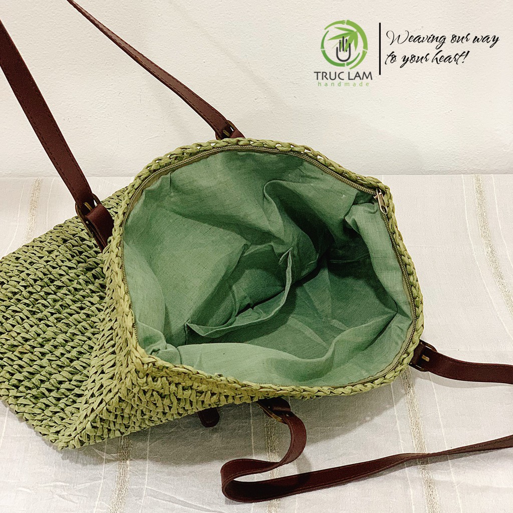 Túi Cói Tote Thời Trang Nữ Quai Da Thêu Cườm Hình Mặt Cô Gái - Trúc Lâm Handmade