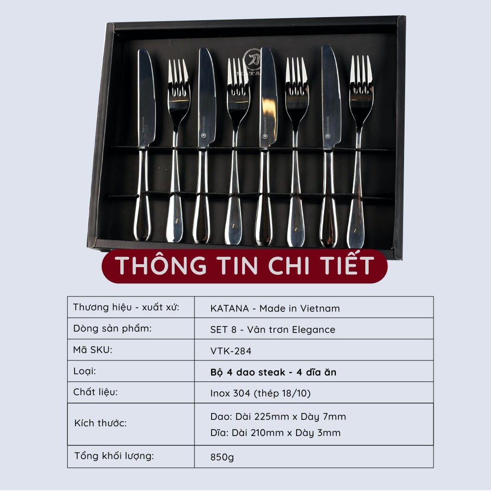 Bộ 8 dao dĩa ăn bít tết inox 304 KATANA Elegance cao cấp, sang trọng, tinh tế - vân trơn sáng bóng - VTK284