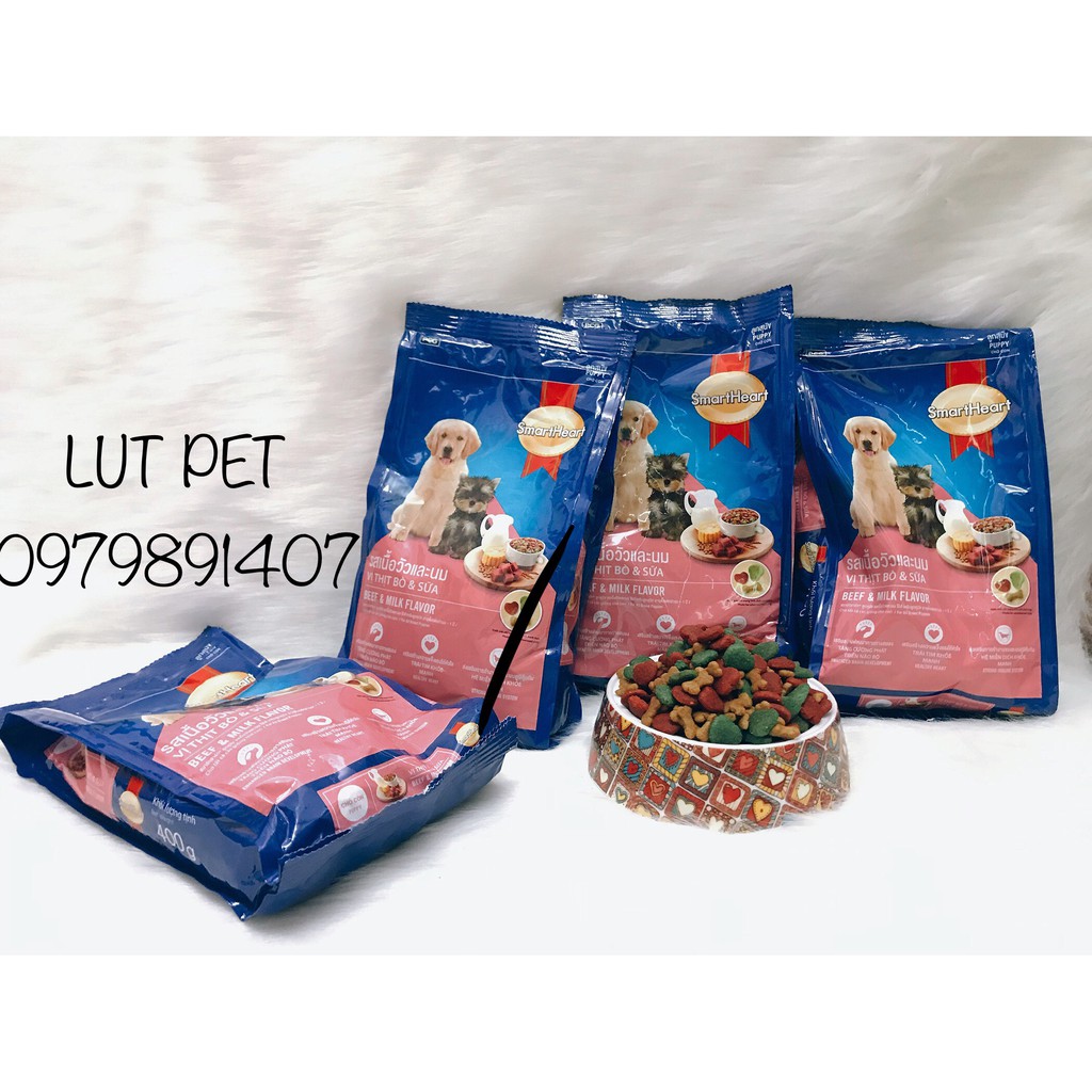 Thức ăn hạt cho chó Smartheart puppy hạt khô cho chó nhỏ 400gr (vị thịt Bò &amp; Sữa) - lutpet