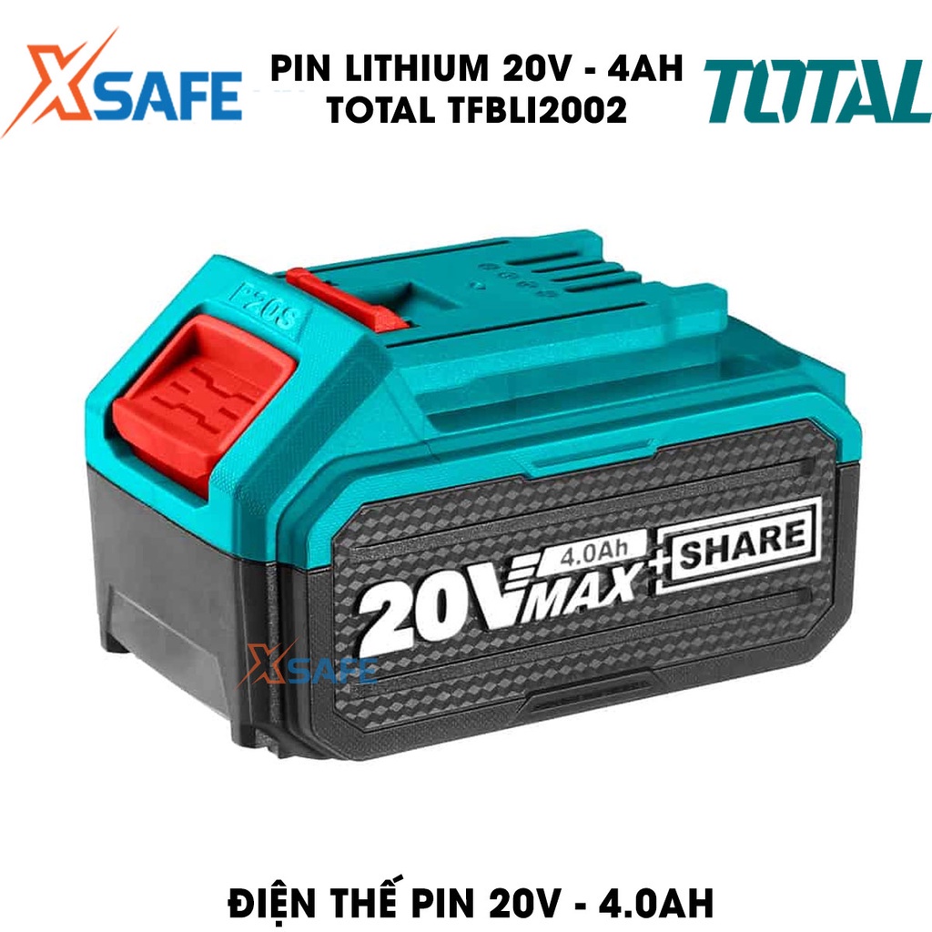 Pin Lithium 20V/4.0Ah TOTAL TFBLI2002 Pin lithium 20V dùng cho nhiều loại máy Total dùng pin 20V, có đèn LED báo pin