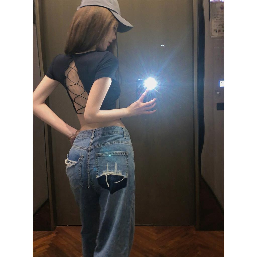 Cocory vn Áo Thun Croptop Tay Ngắn Cổ Chữ V Cắt Chéo Hở Lưng Dáng Ôm Thời Trang Cho Nữ