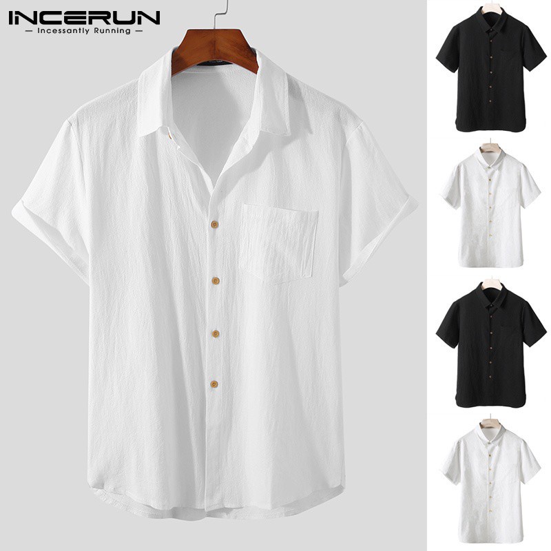 Áo sơ mi INCERUN ngắn tay cổ bẻ cotton thời trang cho nam