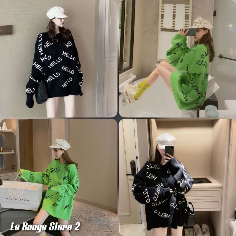 (ORDER) Áo len nữ thời trang dáng giấu quần mẫu mới họa tiết chữ Hello màu đen và xanh lá có size girl crush style