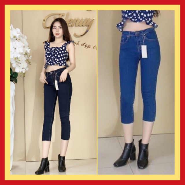 [Hàng xuất khẩu] Quần jean lửng cạp cao cạp màu xanh, xanh đen