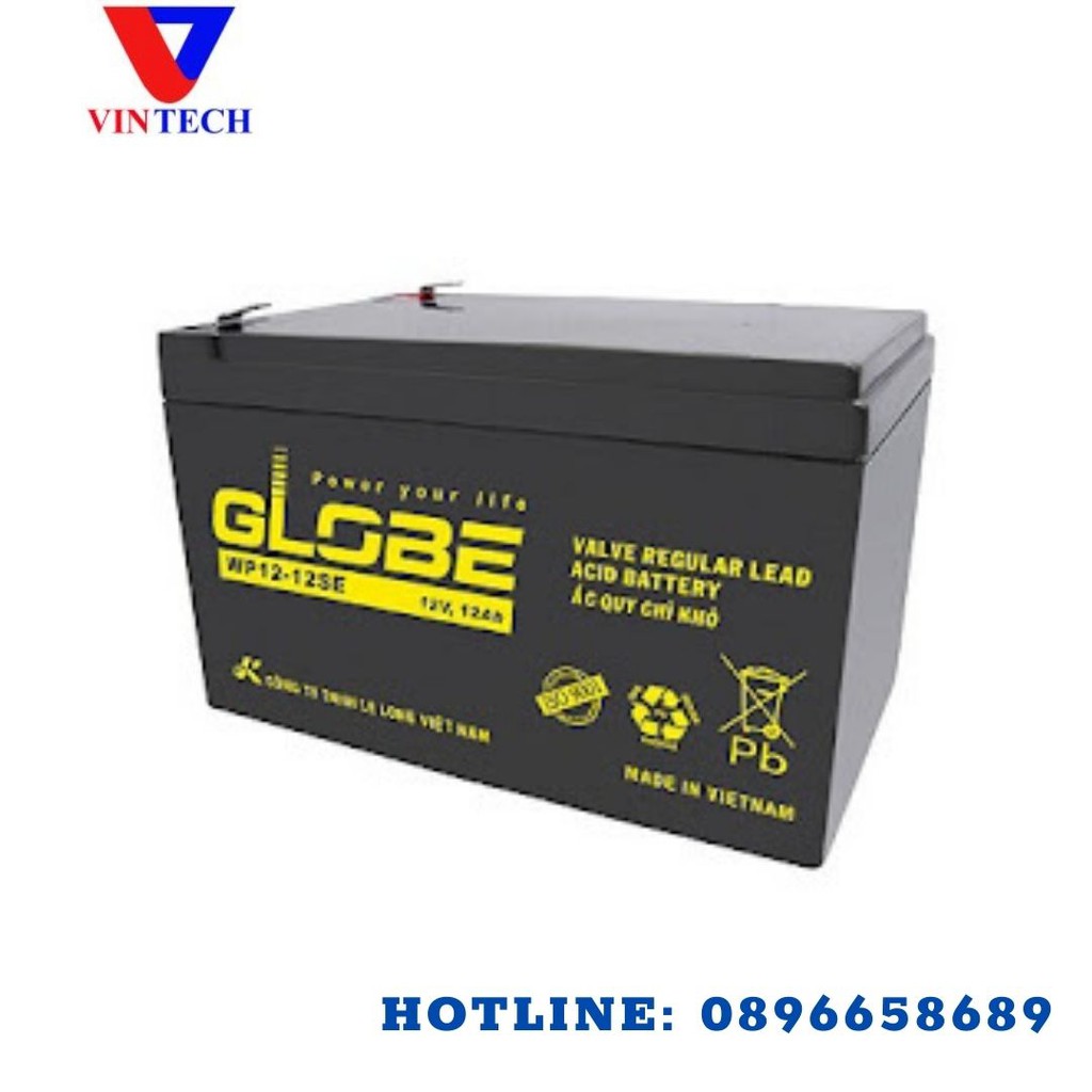 Bình ắc quy khô Globe 12V-12Ah, Wp12V-12, ắc quy lưu điện, xe điện, kín khí, không cần bảo dưỡng.