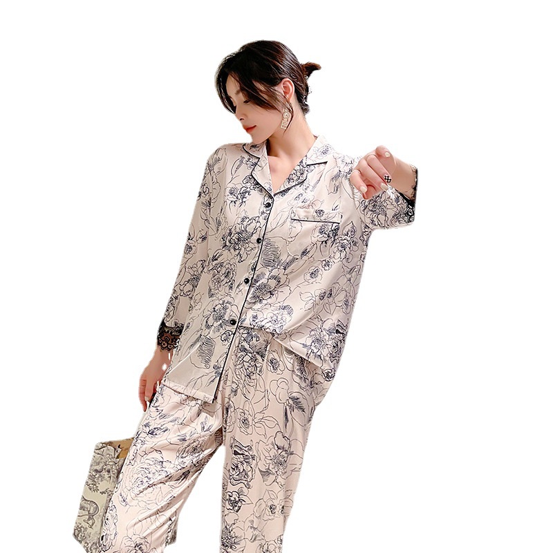 Bộ đồ ngủ tay dài chất satin phối ren thời trang mùa thu trẻ trung cho nữ