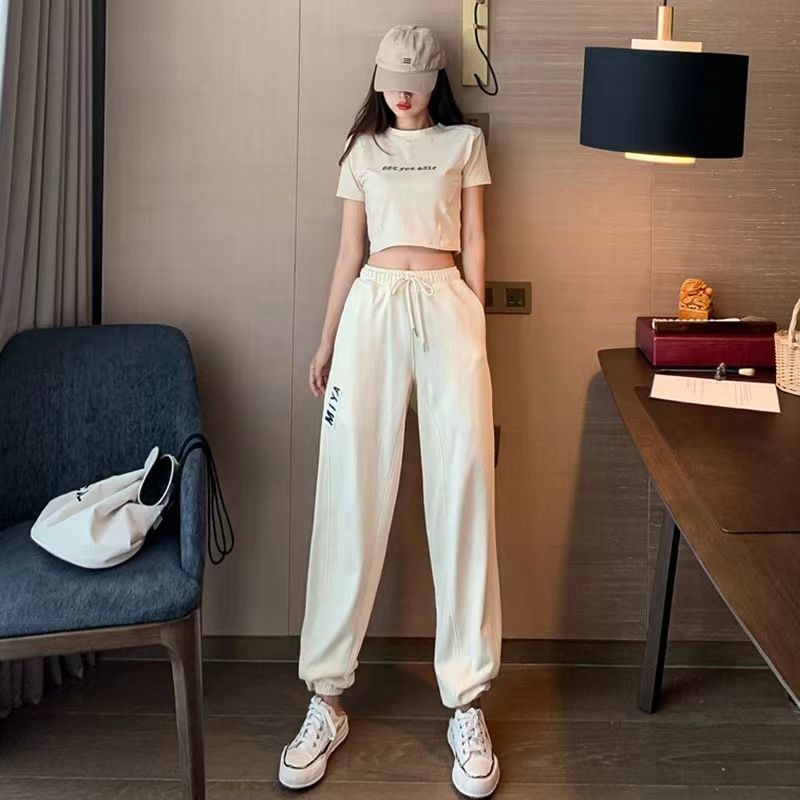 Set đồ thể thao 2 mảnh gồm áo thun ôm ngắn tay + quần dài cotton lưng cao co giãn mặc thường ngày thời trang hè cho nữ