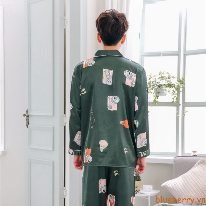 Sale 69% Bộ đồ ngủ đôi nam nữ vải lụa dáng rộng tay dài phong cách Hàn Quốc, A,XL（male） Giá gốc 326000đ- 118B13