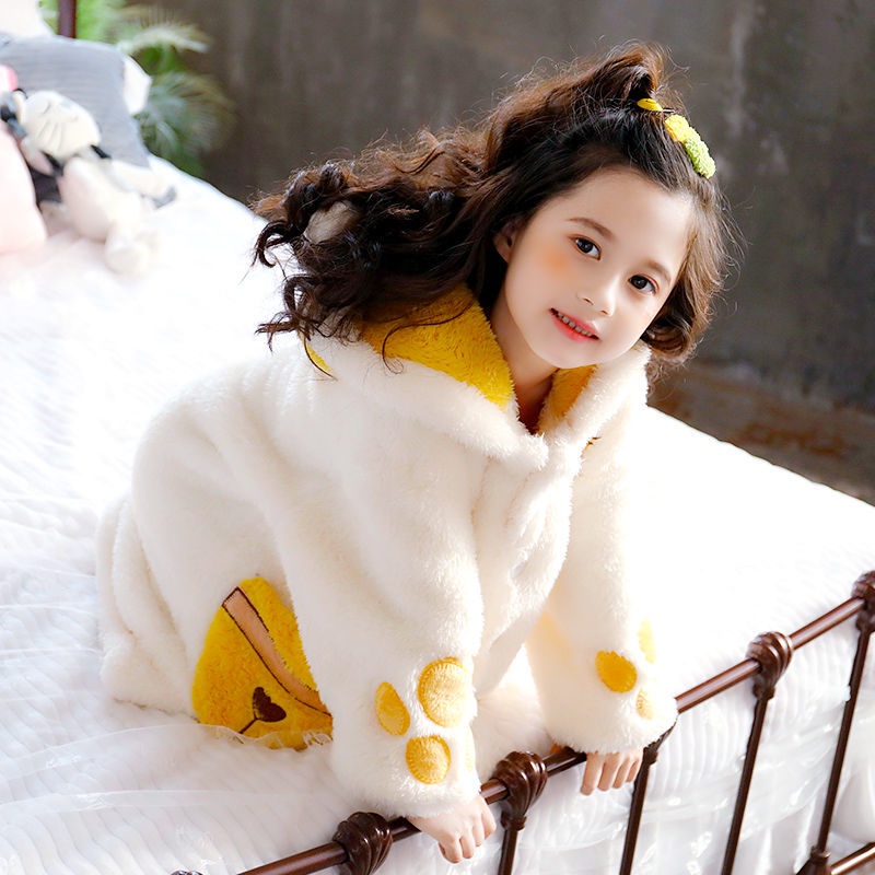 Sho chất lượng cao👍Áo choàng tắm vải lông cừu dày dáng dài thời trang mùa đông cho bé gái