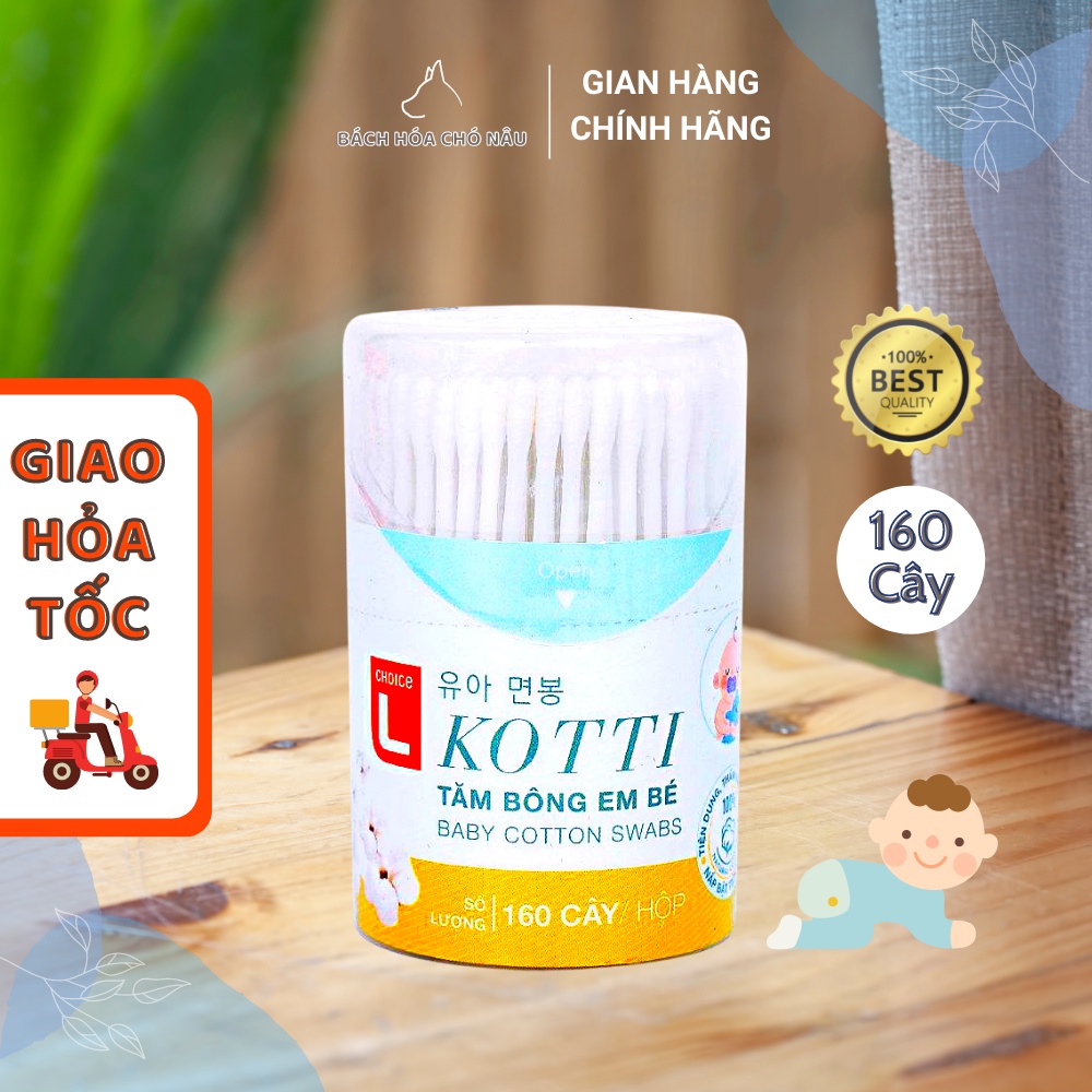 Tăm Bông Hàn Quốc Thân Nhựa KOTTI Choice L 160 Cây/ Hộp Dùng cho Em Bé [ Hàng Mới Chính Hãng]