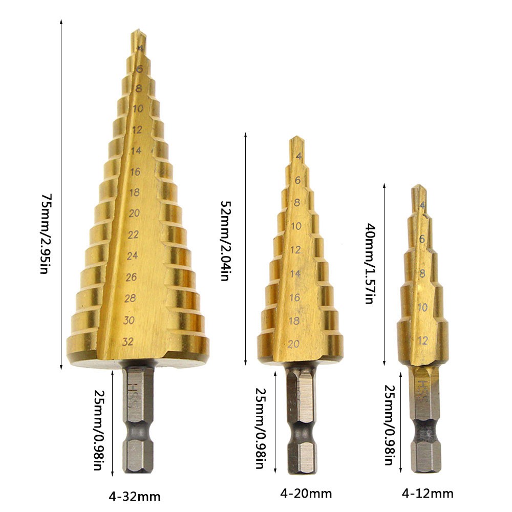 Mũi khoan tháp thẳng HSS mạ titan hình nón 4-12mm 4-20mm 4-32mm Bộ 3 mũi khoan tháp nón, Bộ mũi khoan tháp tầng