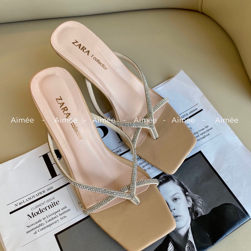 Dép Nữ Dây Mảnh Đính Đá Cao Gót 5 Phân Đế Vuông Phối Những Bộ Cánh Siêu Xinh