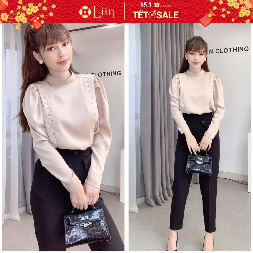 Áo kiểu nữ dài tay đính 2 Hàng Cúc cách điệu cổ tròn Liin Clothing SM3052
