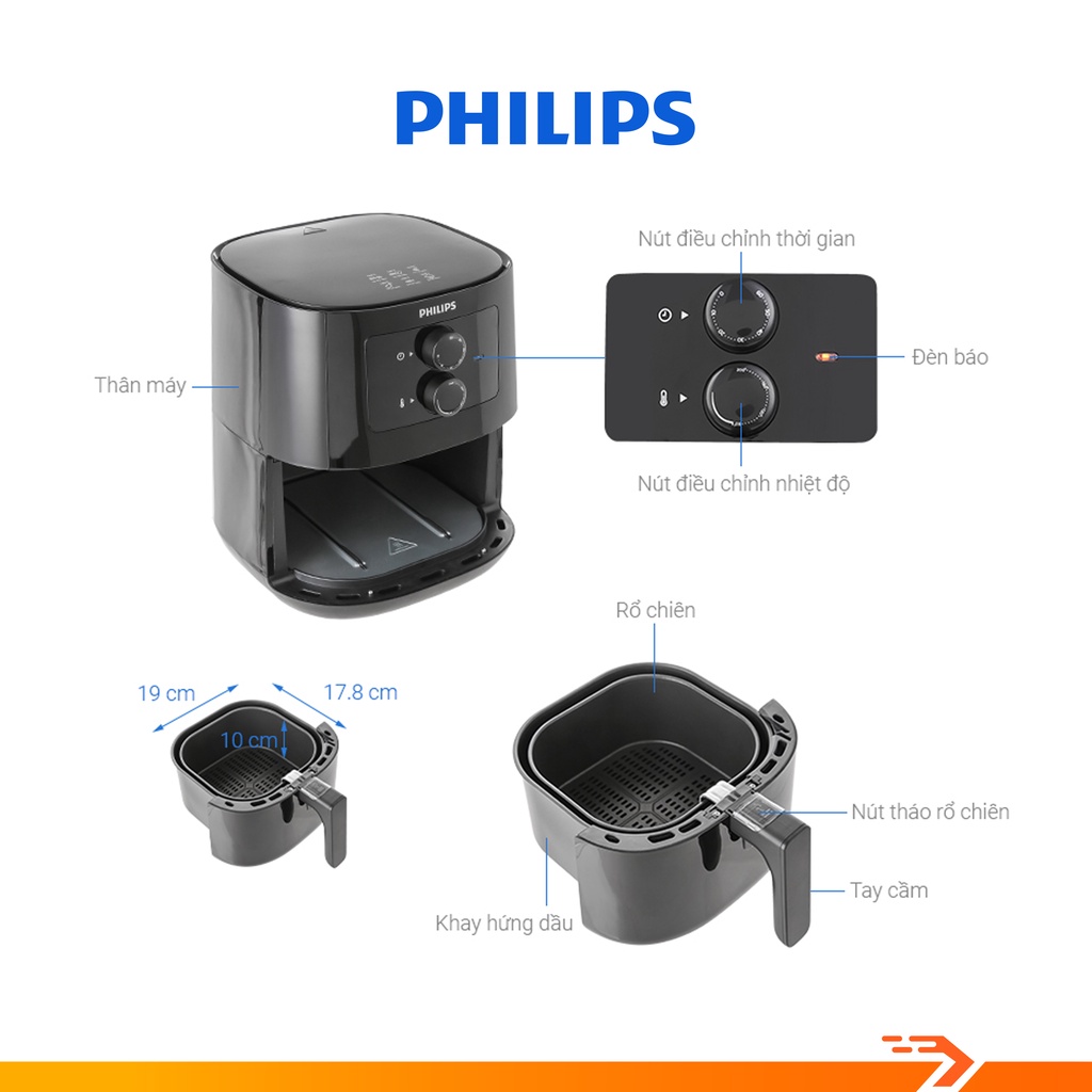 [Mã ELHADEV giảm 4% đơn 300K] Nồi Chiên Không Dầu Philips 4.1 Lít HD9200/90 - Bảo Hành Chính Hãng