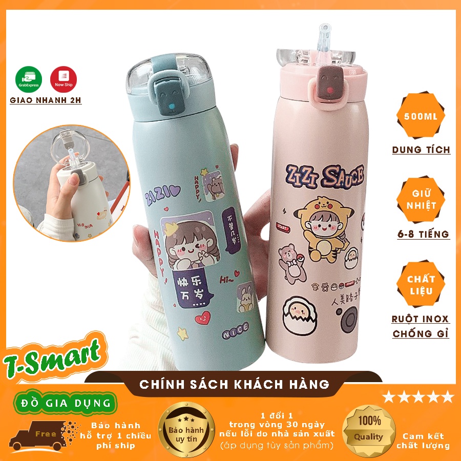 Bình Đựng Nước Giữ Nhiệt 500ML Inox Cao Cấp, Hình Cute Kiểu Dáng Hàn Quốc - Kèm Ống Hút Tiện Lợi