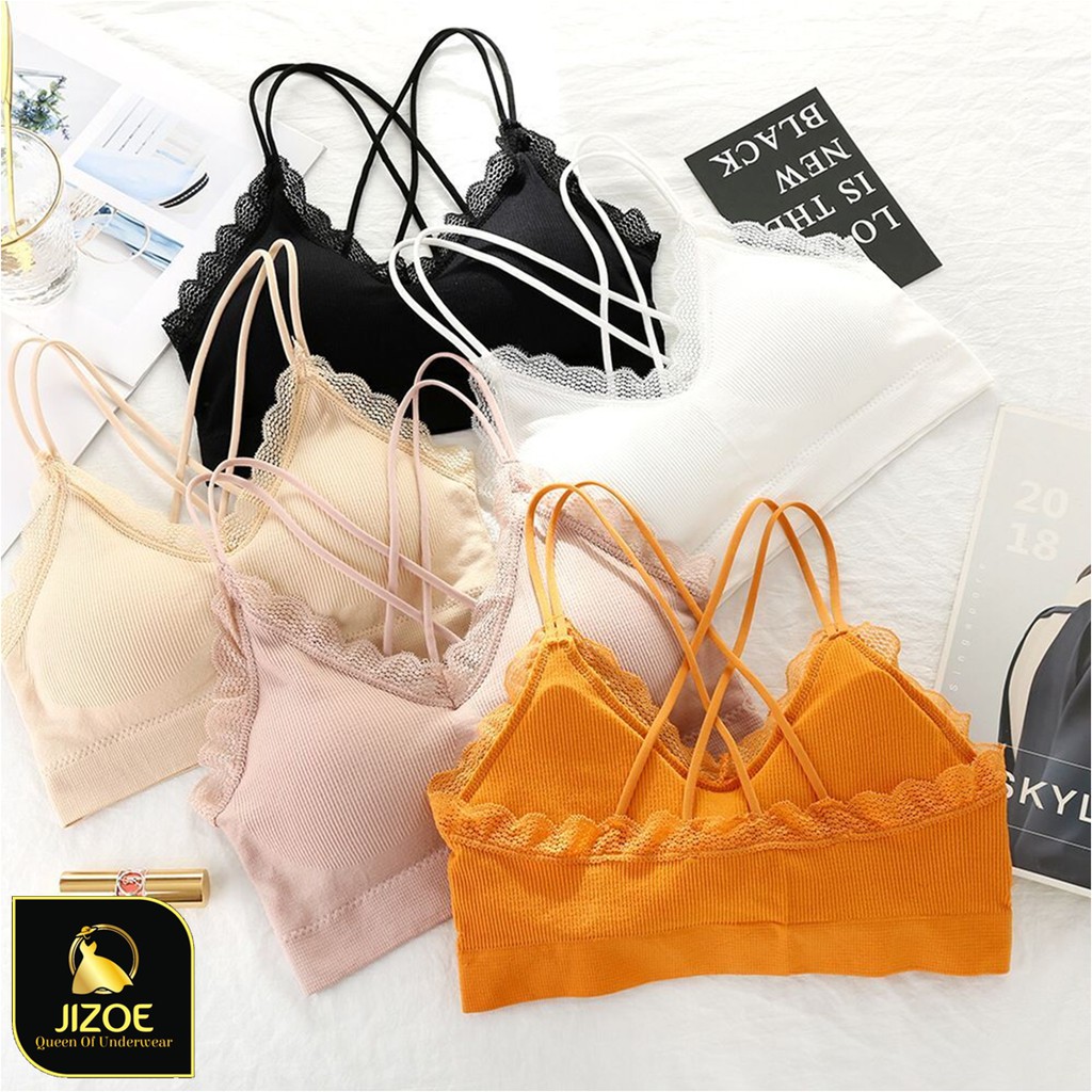 Áo bra nữ len gân tăm họa tiết viền ren 4 dây chéo lưng JIZOE ALT08