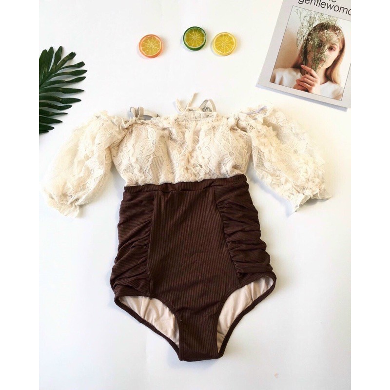[LOẠI ĐẸP + FORM CHUẨN] Bikini liền mảnh trễ vai ren hoa nude phối nâu sang chảnh | BigBuy360 - bigbuy360.vn