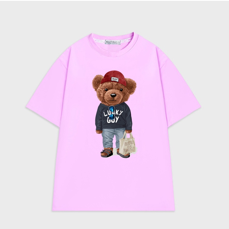 Áo phông nữ tay lỡ form rộng unisex HY KOREA in hình Gấu Lucky xách túi 465
