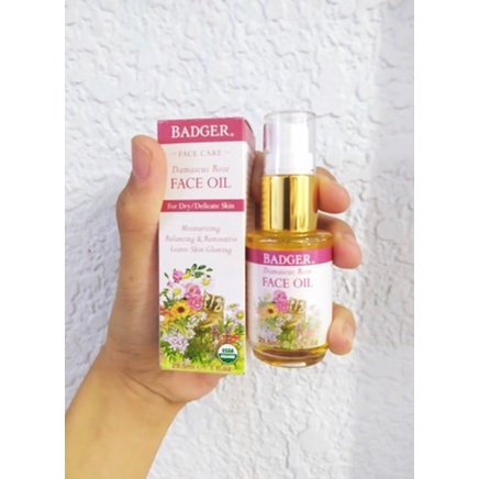 Set Badger rose face oil dầu dưỡng da hoa hồng, kem dưỡng beauty balm damascus rose, kem chống nắng hữu cơ 29.5ml