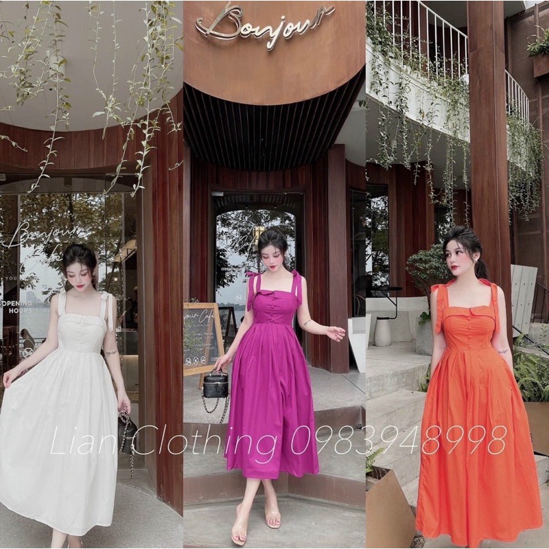 VÁY 2 DÂY THẮT NƠ VAI KHUY BỌC